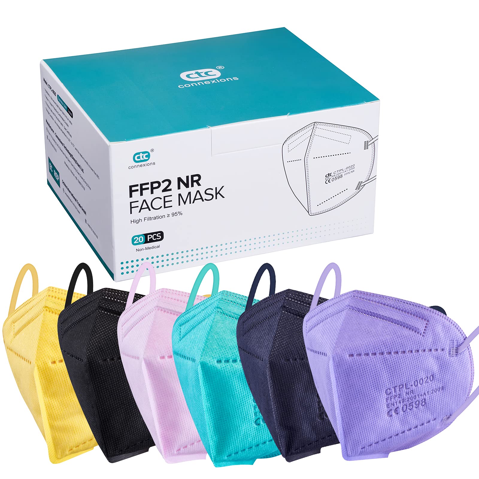 ctc connexions FFP2 Maske Bunt 20 Stück 5-Lagen Staubmasken CE0598 Zertifiziert EN149-Norm Hochfiltrierende Atemschutzmasken Hygienisch Einzelverpackt………