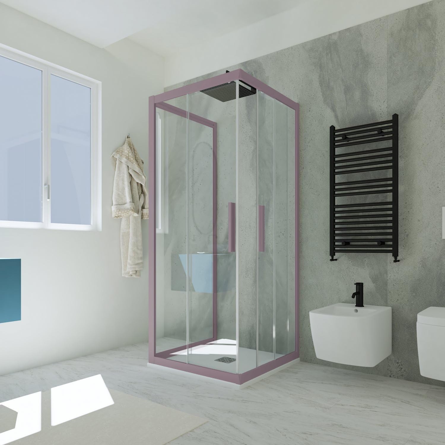 Box doccia 3 lati scorrevole 80x80x80 CM H 200 Vetro Trasparente Profilo Lavanda mod. Kolors Trio