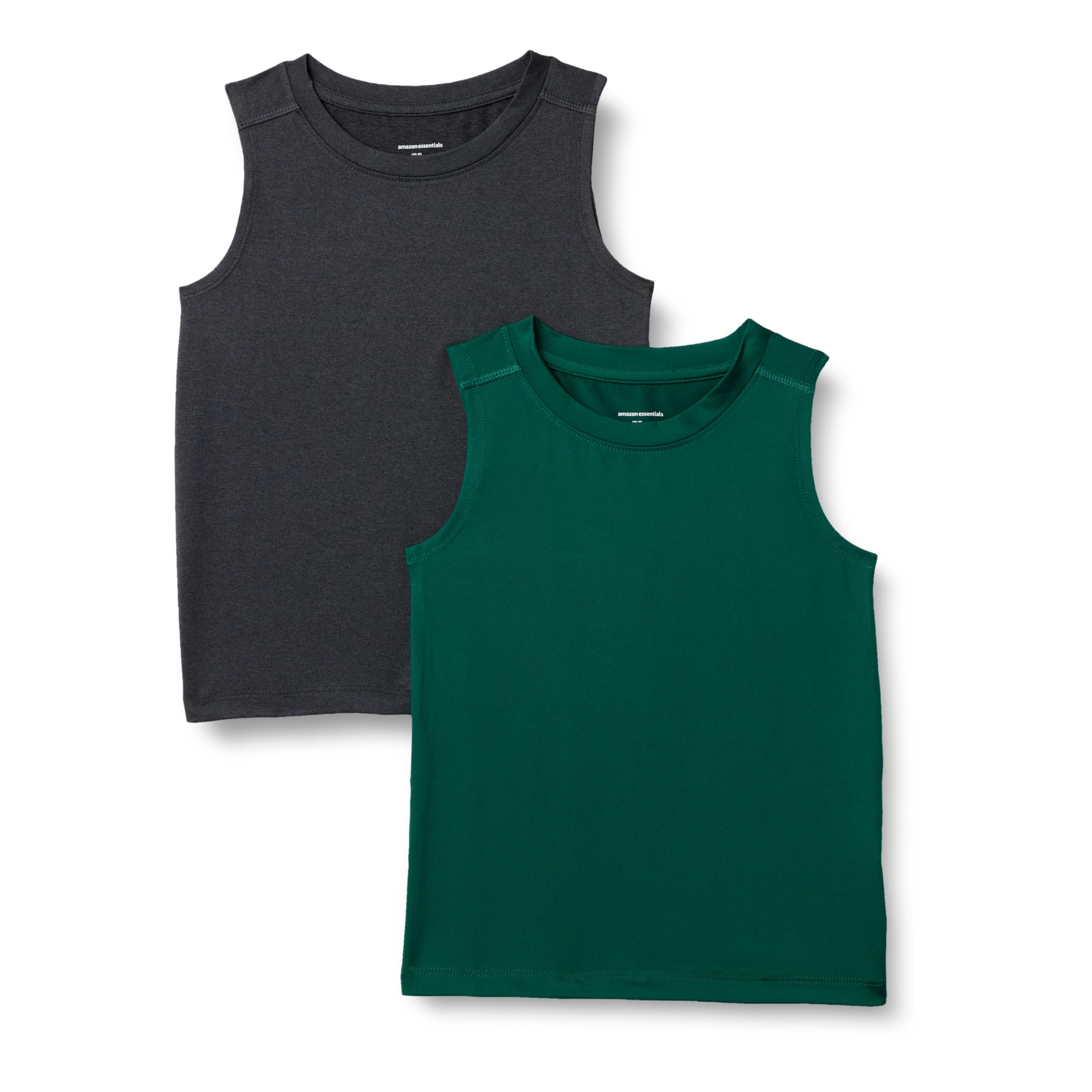 Amazon Essentials Boys' Tech Stretch Muscle Tank Top, Pack of 2, Dark Green/Heather Graphite, X-Small