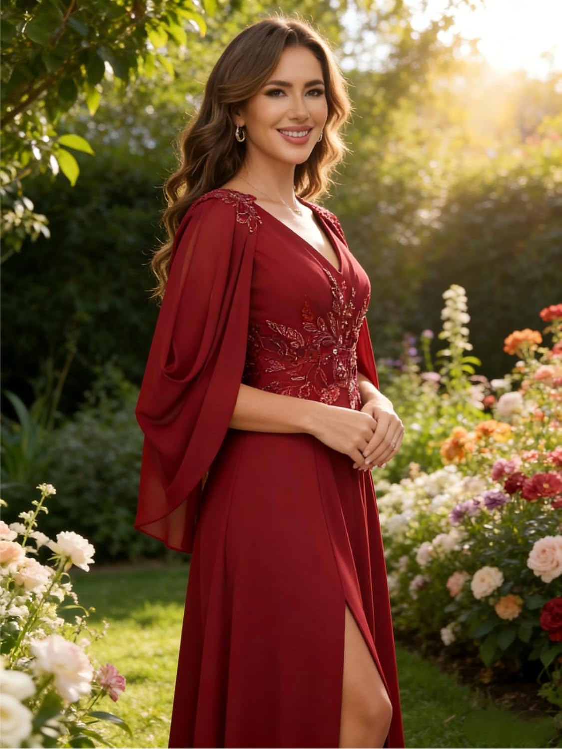 FreeBeauty Women's Cape Sleeve Mother of The Bride Dresses Long Chiffon Lace Appliques Formal Evening Dress ZHMM2501034 - Image 6