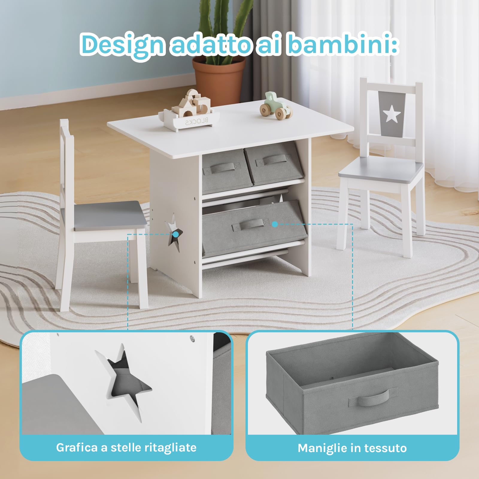 WOLTU Tavolo per Bambini, Scrivania, Tavolino | con Cassetti Tavolino con 2 Sedie in Legno
