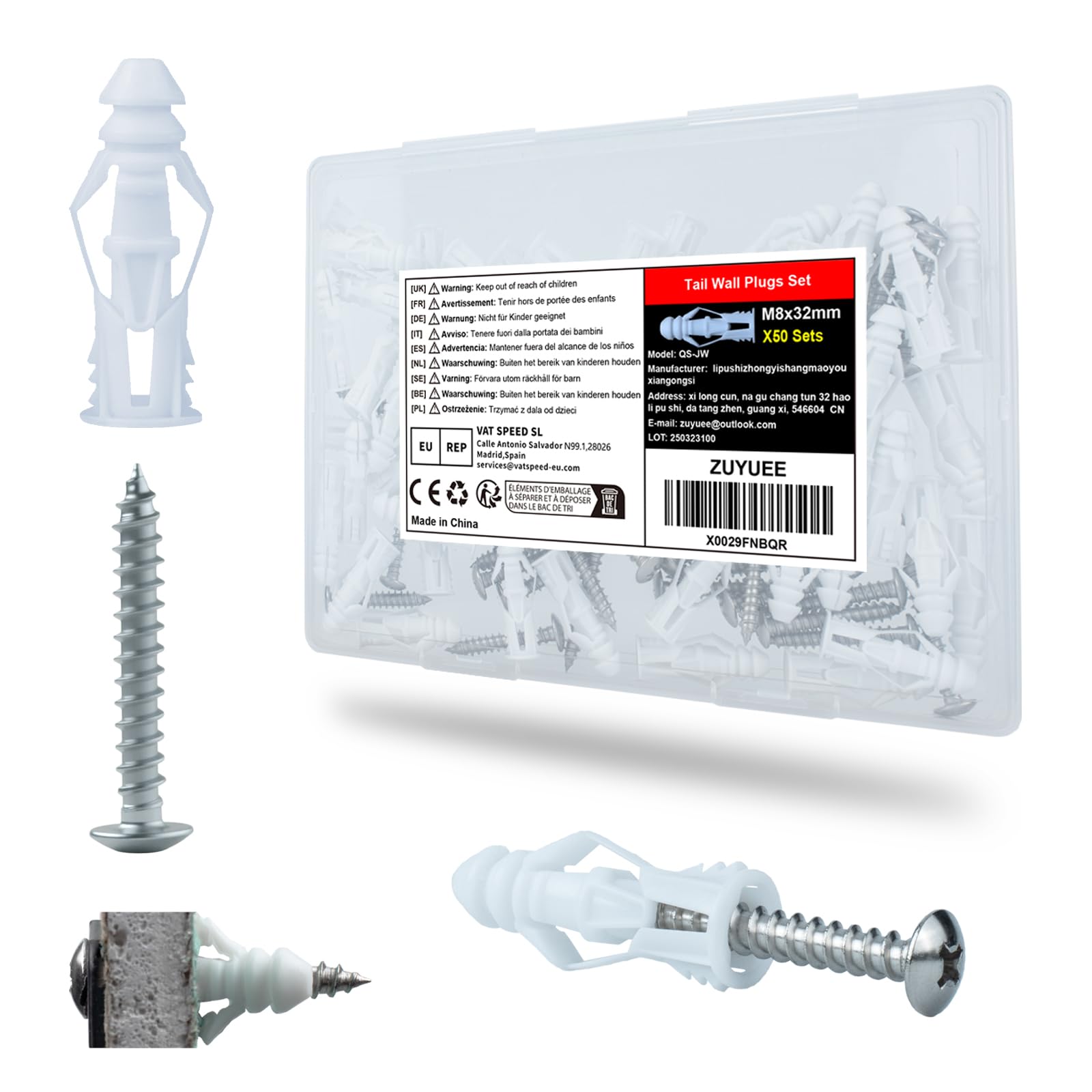 ZUYUEE 100PCS Stainless Steel Screws and Wall Plugs Set,(8x32mm) Plasterboard Fixings Dry Wall Anchor Screws Raw Plugs for Brick Wall