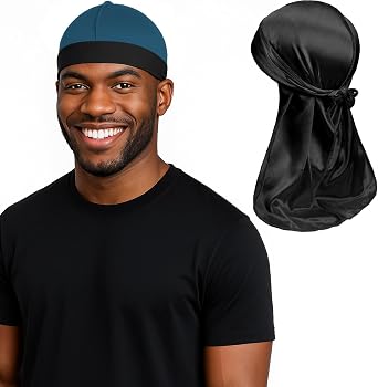 Adjustable Wave Cap & Durag Pack, Premium Elastic Stocking Cap & Doorag for 360 540 720 Wave Black+Navy Blue