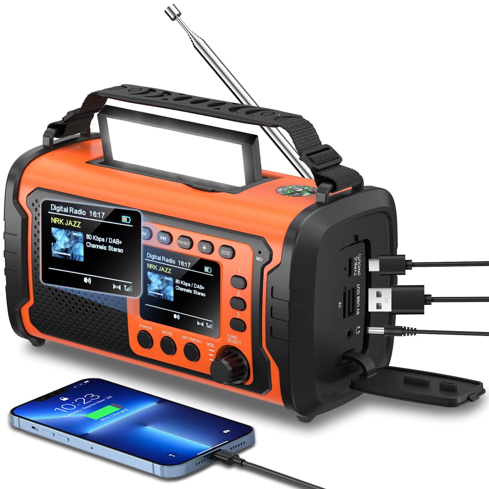 Radio di Emergenza DAB+/FM 27000 mAh con Power Bank, Solare e a Manovella