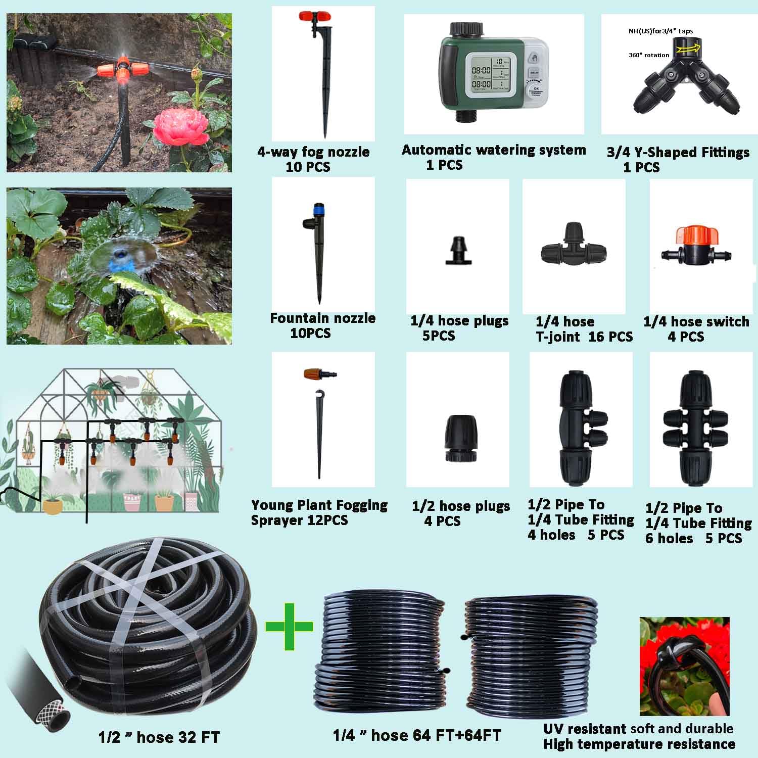 Kit de riego por goteo de 160 pies, sistema de riego automático con temporizador de agua, tubo de 1/2 ID y boquilla de niebla de 1/4 de pulgada para invernadero, jardín, césped, plantas en maceta