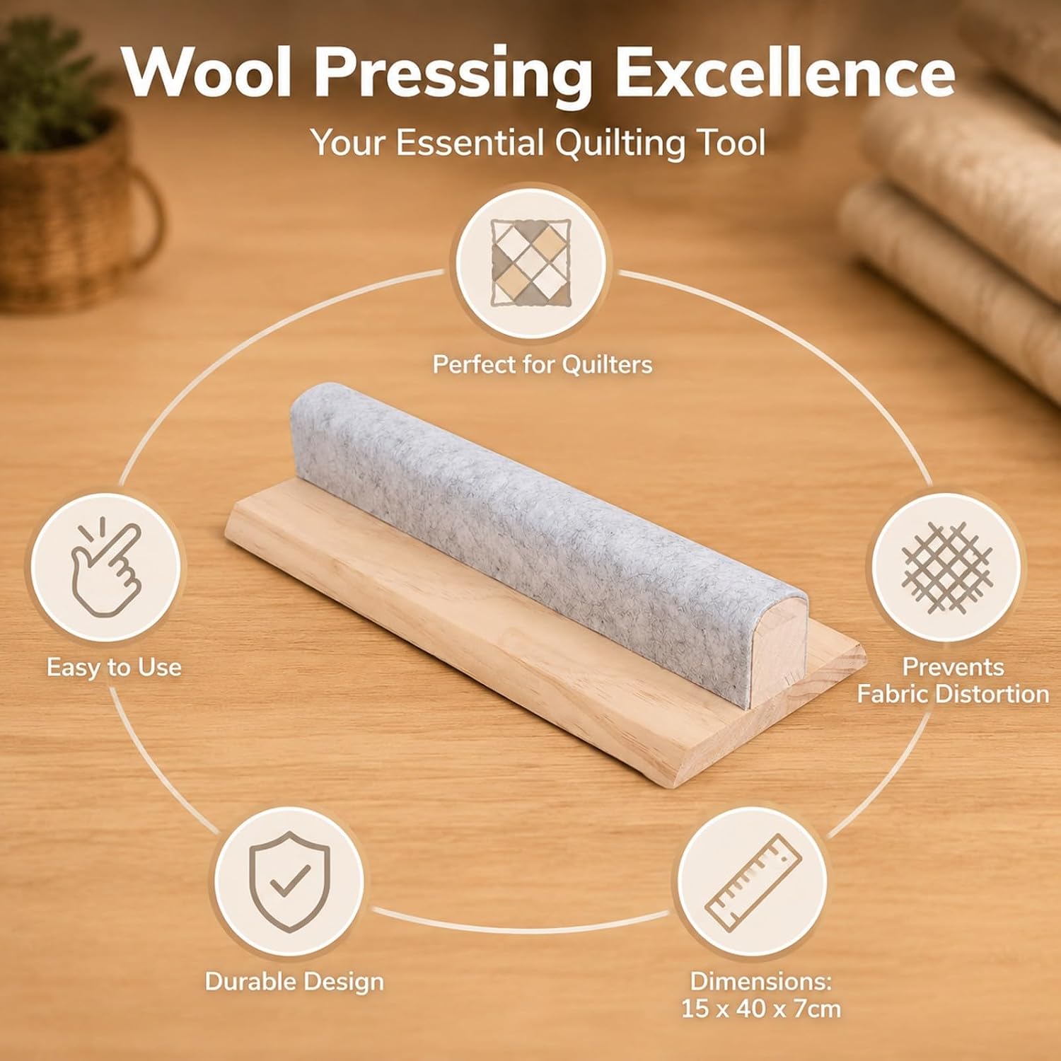 Wool Pressing Bar with Felt, Pine Wood Quilting Tool, 15 x 40 cm - Flat Seams, Hygroscopic Hardwood, Ergonomic Handle for Sewing and Fabric Pressing