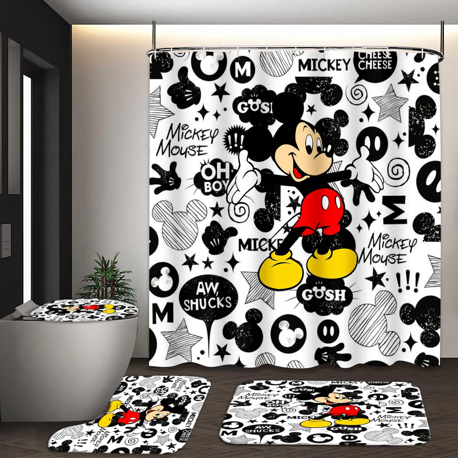 FCBZDQ 4 Pcs Cartoon Shower Curtain Set with Rugs, Toilet Lid Cover and Bath Mat, Cute Shower Curtain with 12 Hooks, Durable Bathroom Decor Sets 72 x