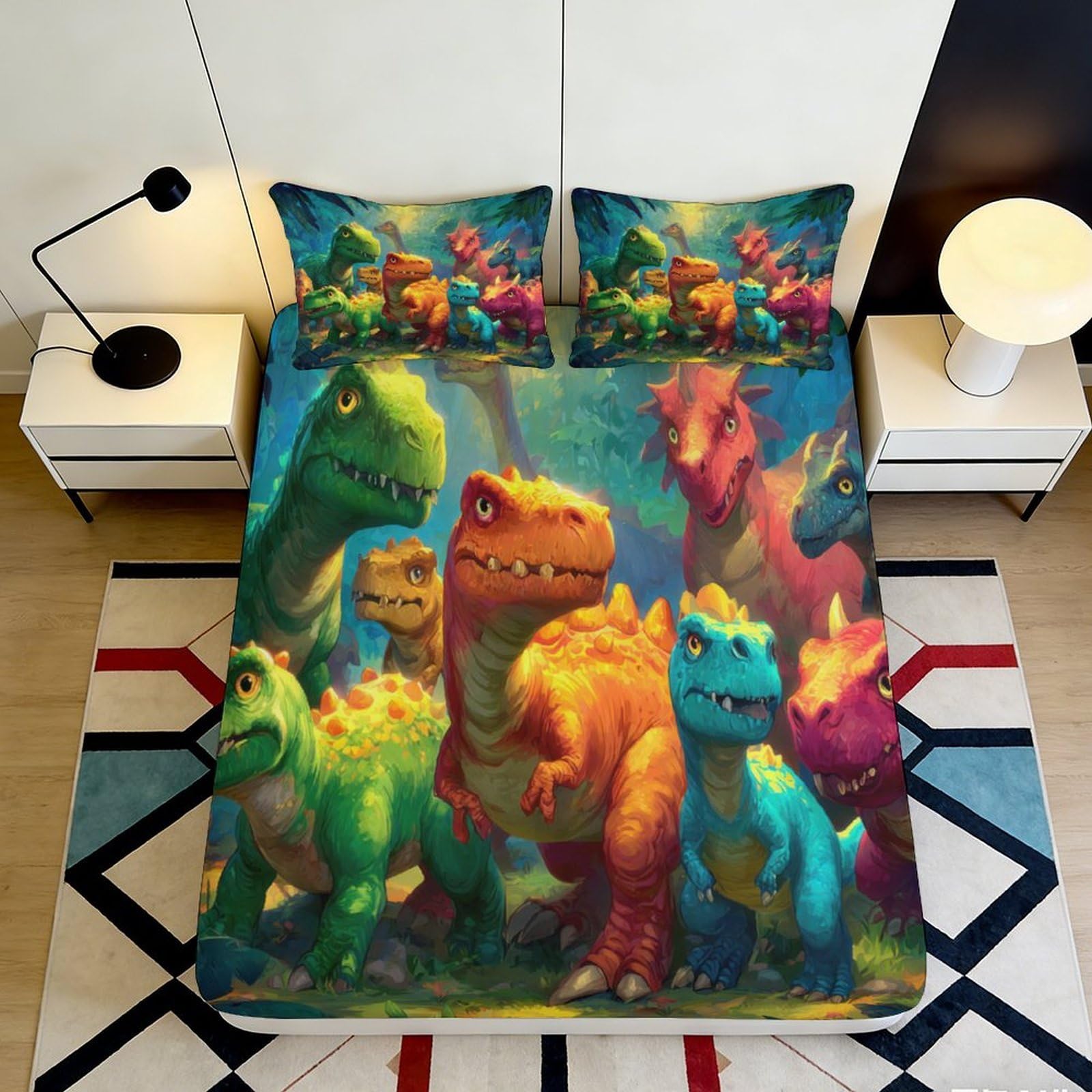 Zfldkwgb Style-3 3D Printed Colorful Dinosaur Fitted Sheet Microfiber Soft Breathable Cartoon Dino Bed Cover For Bedroom Dorm Decor 90X200x25cm