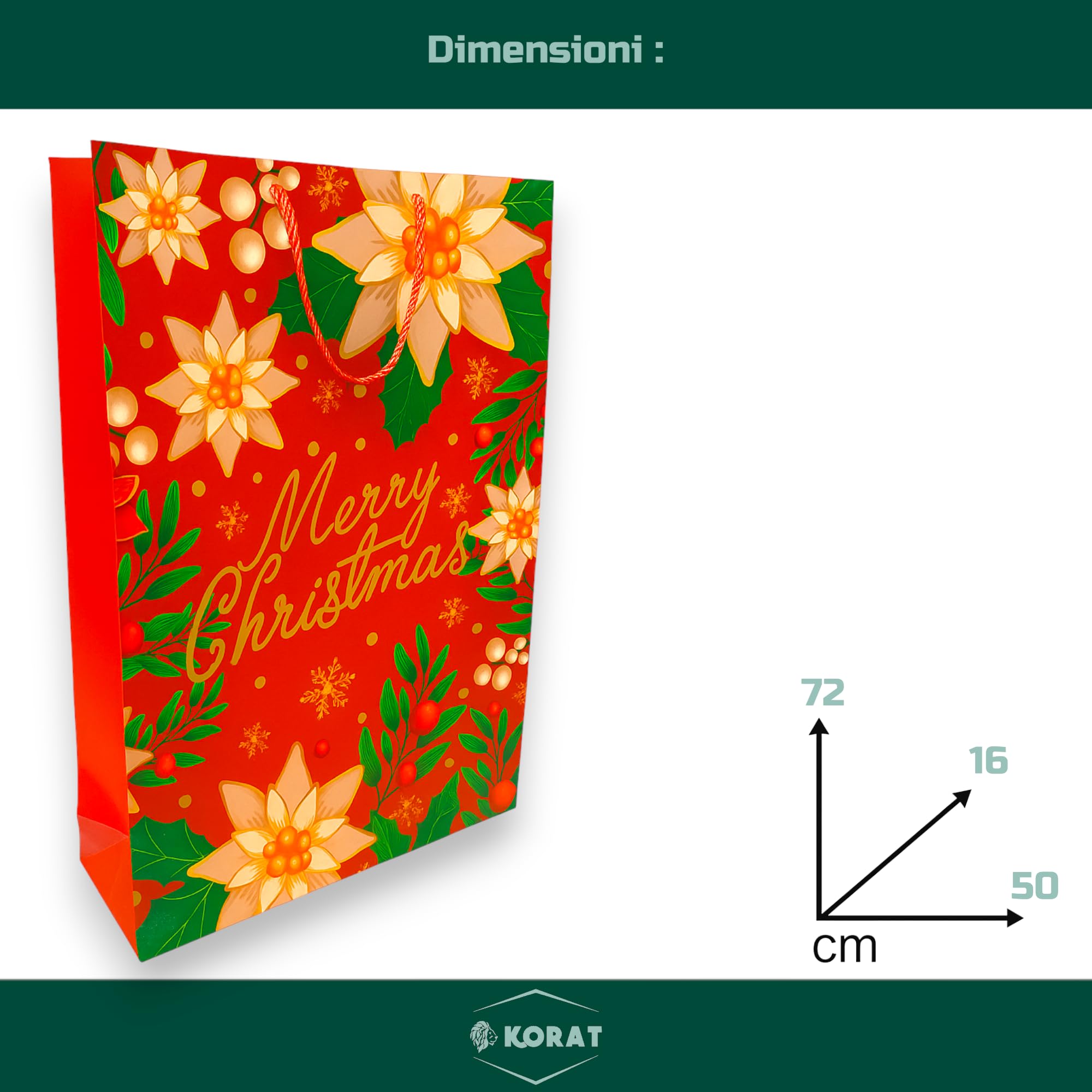 KORAT 12 Buste Regalo Natalizie Carta Plastificata Lucida Vari Formati Sacchetti Regalo Natale Riutilizzabili Manici in Corda per Regali e Bottiglie (Fiore Natalizio - 50x72x16 cm)