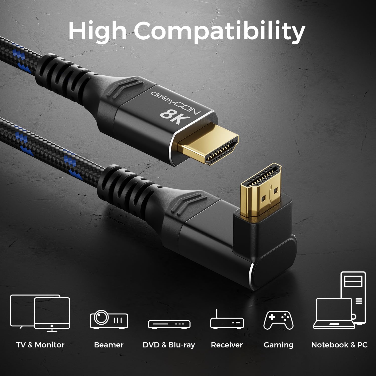 deleyCON Cable HDMI 2.1 8K 2m Cable de Alta Velocidad Ultra High Speed 48 Gbps con Conector Acodado (270°) - Ideal para TV, Monitor, PS4, PS5, EARC, HDR10+ - 10K/8K@60Hz, 4K@120Hz/144Hz y 2K@240Hz