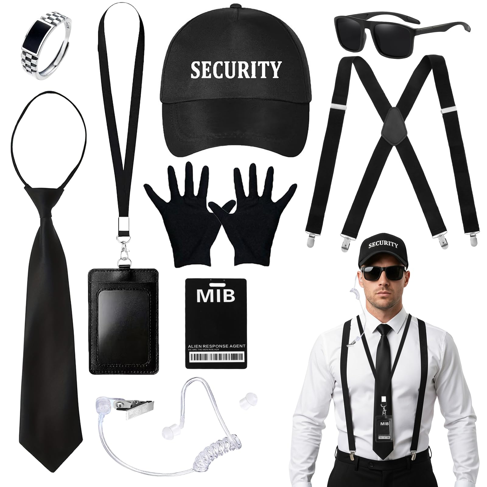 YAEGIMHT 9 Pcs Agent Costume Accessories Black Men Secret Service Cosplay Costume with SECURITY Hat Black Tie Sunglasses Ring Card Case Security Costume for World Book Day Halloween Role-Playing