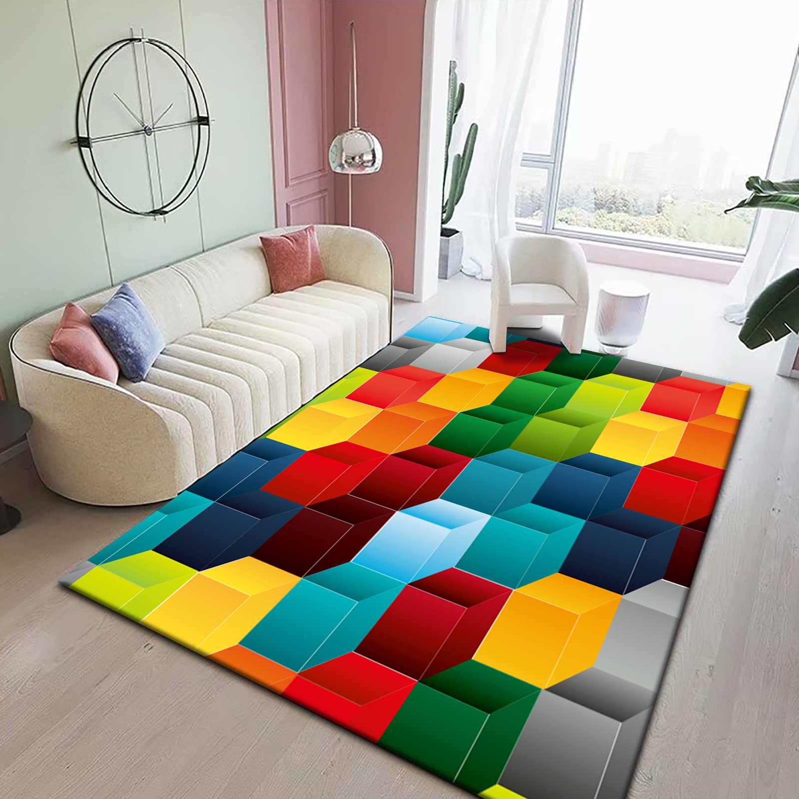 Tapis moderne salon géométrique patchwork poils courts chambre coucher