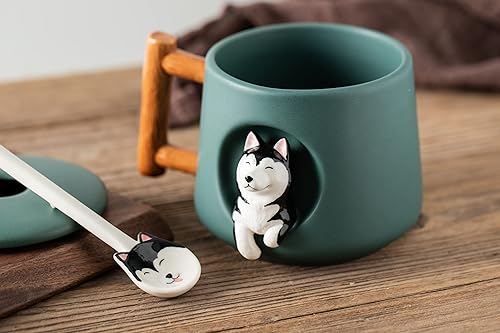 Miniatura 8 de DIHOclub Taza de café de cerámica con tapa y cuchara a juego, taza con diseño de husky 3D para jugo de té, leche y chocolate, bonita taza