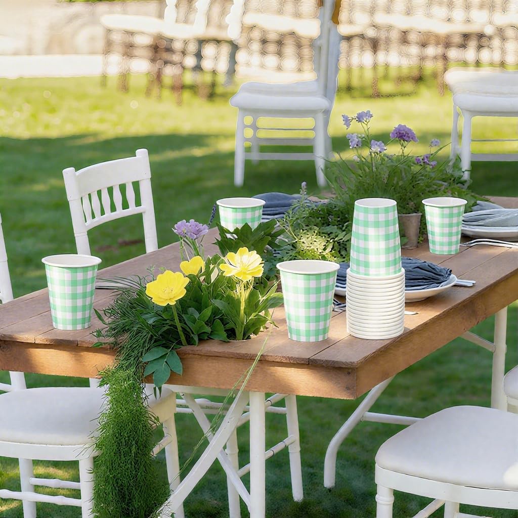 Sage Green Gingham Party Paper Drinking Cups, 100 Pack 9 oz Checkered Cups Disposable Plaid Party Supplies Decorations, for Picnic Birthday Baby Shower Wedding(Green) - Image 4