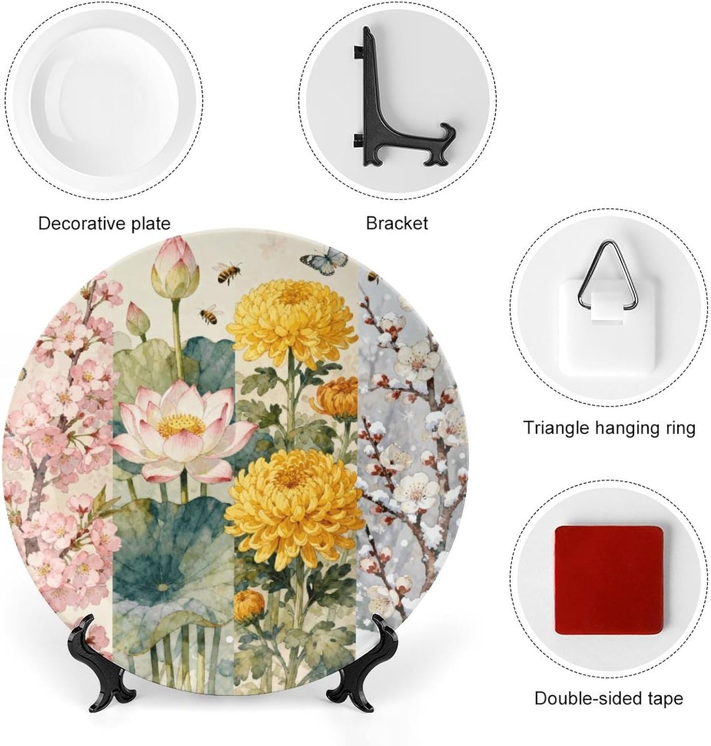 Four Seasons Flowers Decorative Plates Bone China Plates with Stand for Display 10inch Round Ceramic Dinner Plates Dessert Plate for Kitchen Party Coffee Table Decor Art