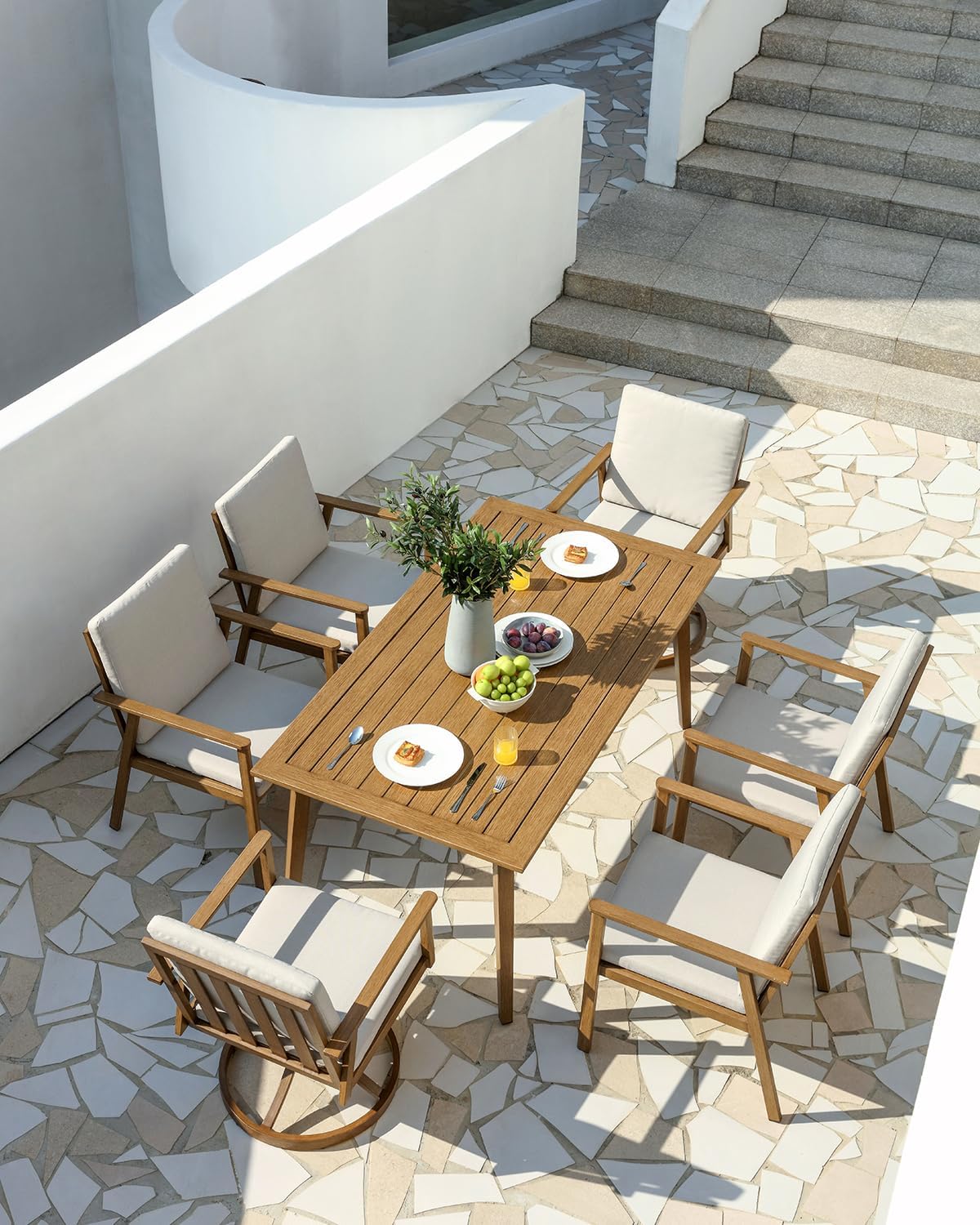7 Pieces Patio Dining Set, Never-Rust Aluminum Outdoor Dining Table Set with Removable Cushions, Outdoor Furniture Set with 2 Swivel Chairs, 4 Dining Chairs for Deck Poolside, Backyard, Teak
