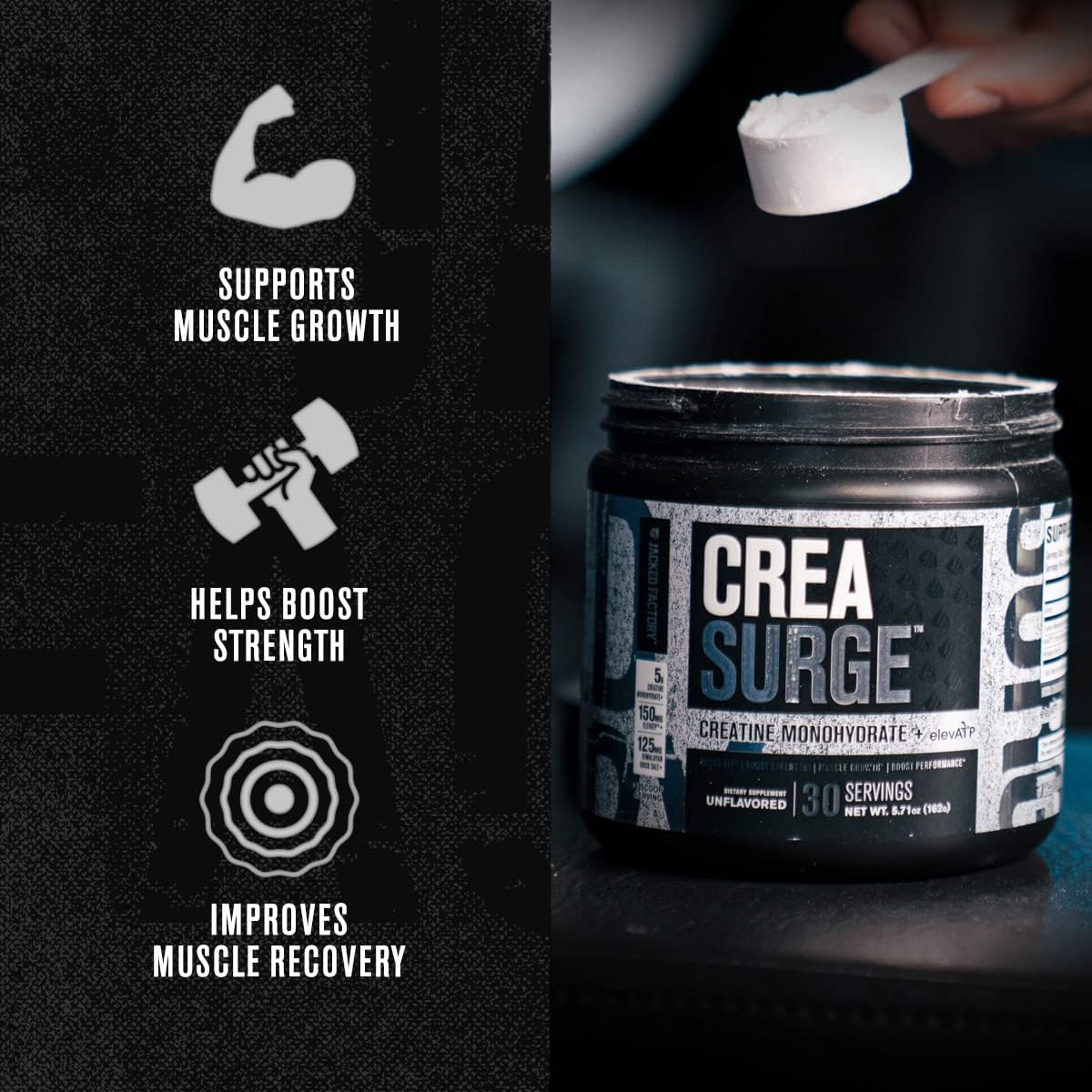 Jacked Factory Creatine Monohydrate Powder w/ElevATP - Creasurge 5g Micronized Creatine Supplement w/ElevATP for Post Workout Muscle Recovery & Growth - Powerful Muscle Builder - 30 Sv, Unflavored