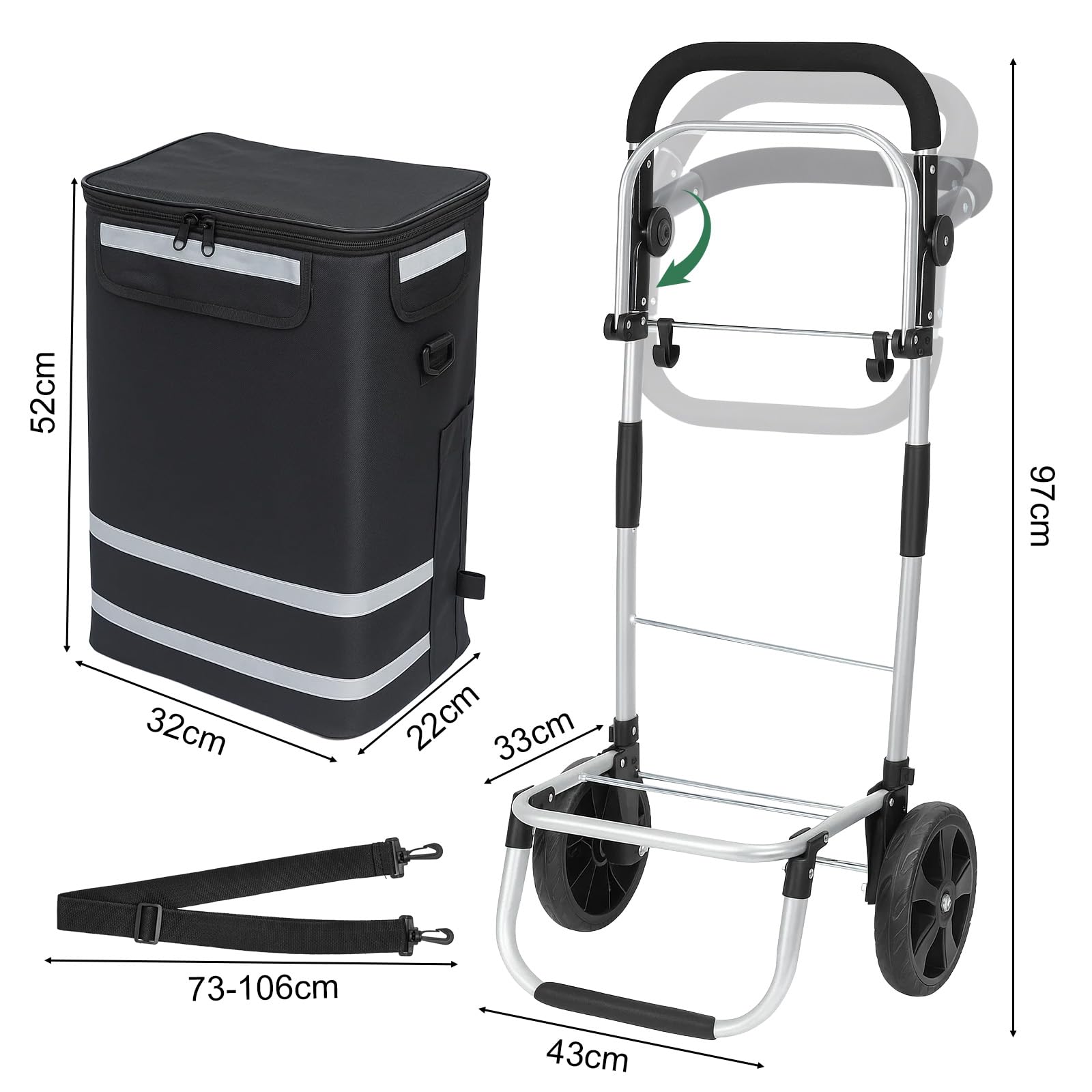 Einkaufstrolley 64 L, klappbarer Einkaufswagen mit Aluminiumrahmen, bis 60 kg Tragkraft, große Rollen & höhenverstellbarer Griff, Faltbare Einkaufstasche mit Kühltasche