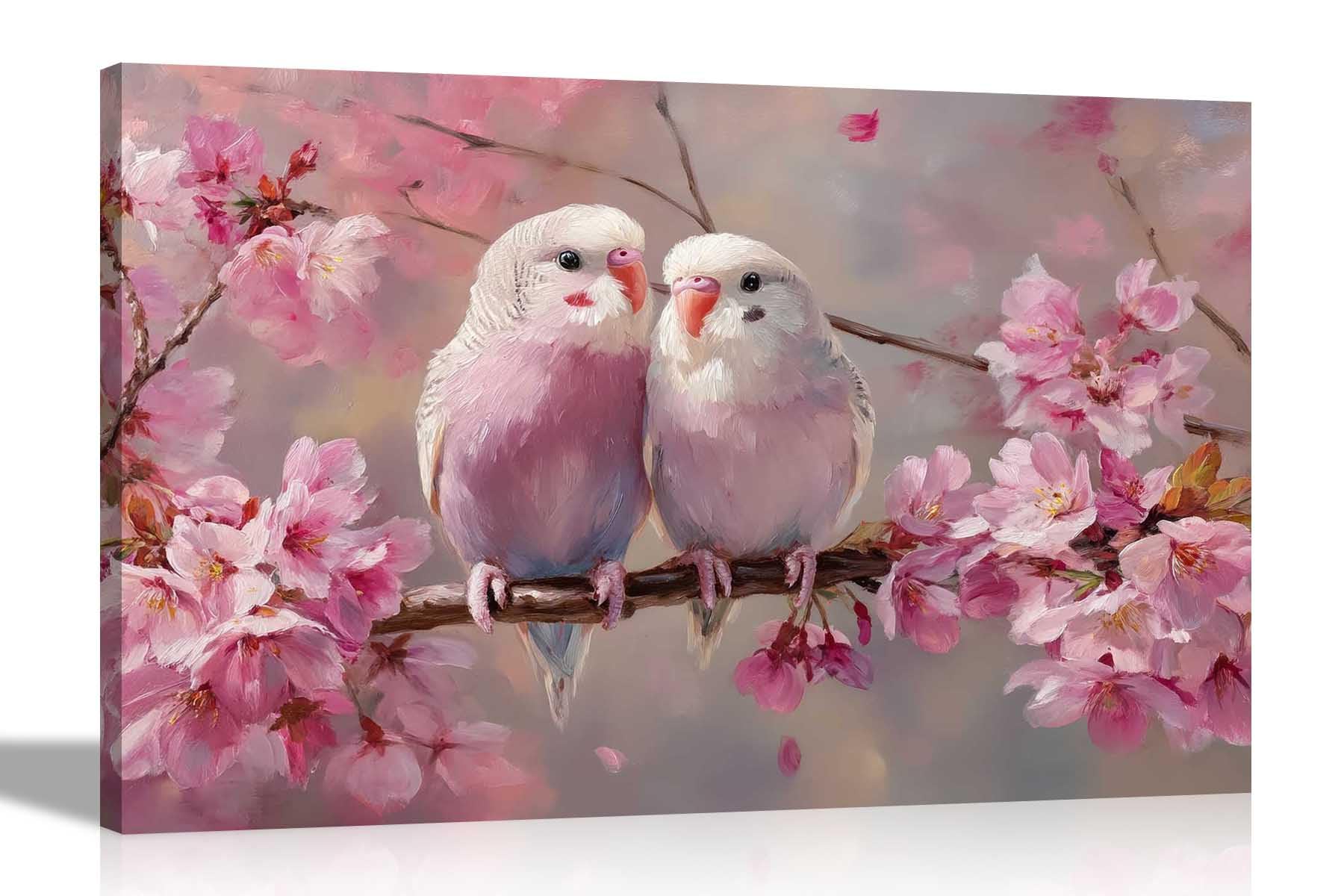 Artley Prints Budgies On Cherry Tree - Couple Budgies Pink Cherry Tree Canvas Wall Art Flower Print For Living Room Décor Ready To Hang Pictures 40 X 30Cm (16 X 12 Inches) A3