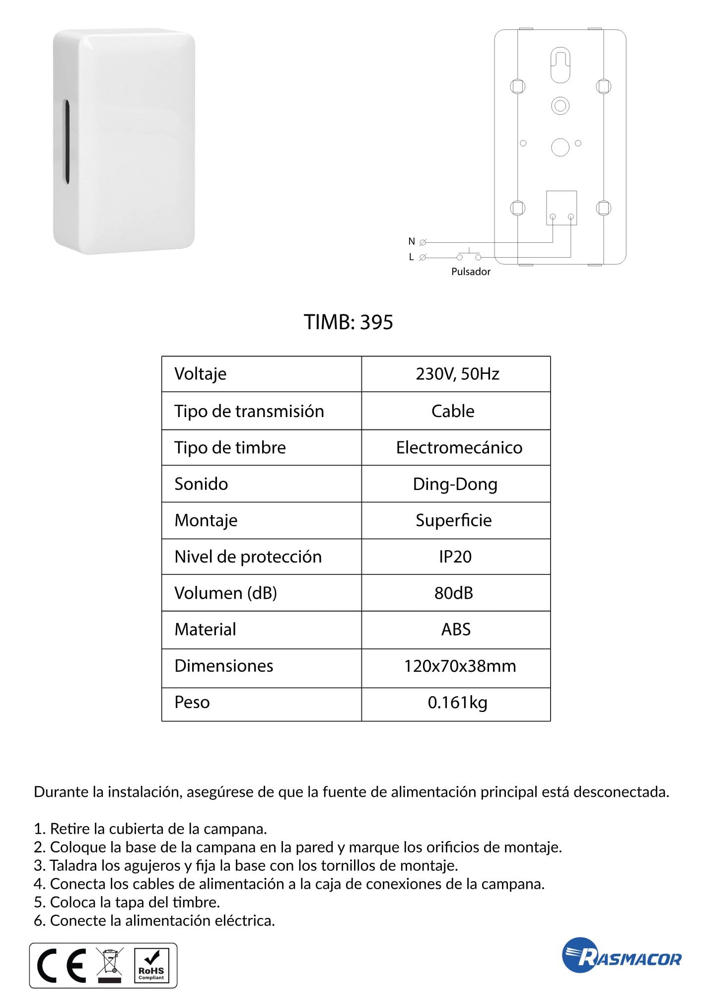 RASMACOR | Timbre Musical DING-DONG | Estilo Moderno - Tamaño reducido 120x70x38 mm | Color Blanco | Gran poder de sonido 80Db 230v | Montaje en superficie | IP20