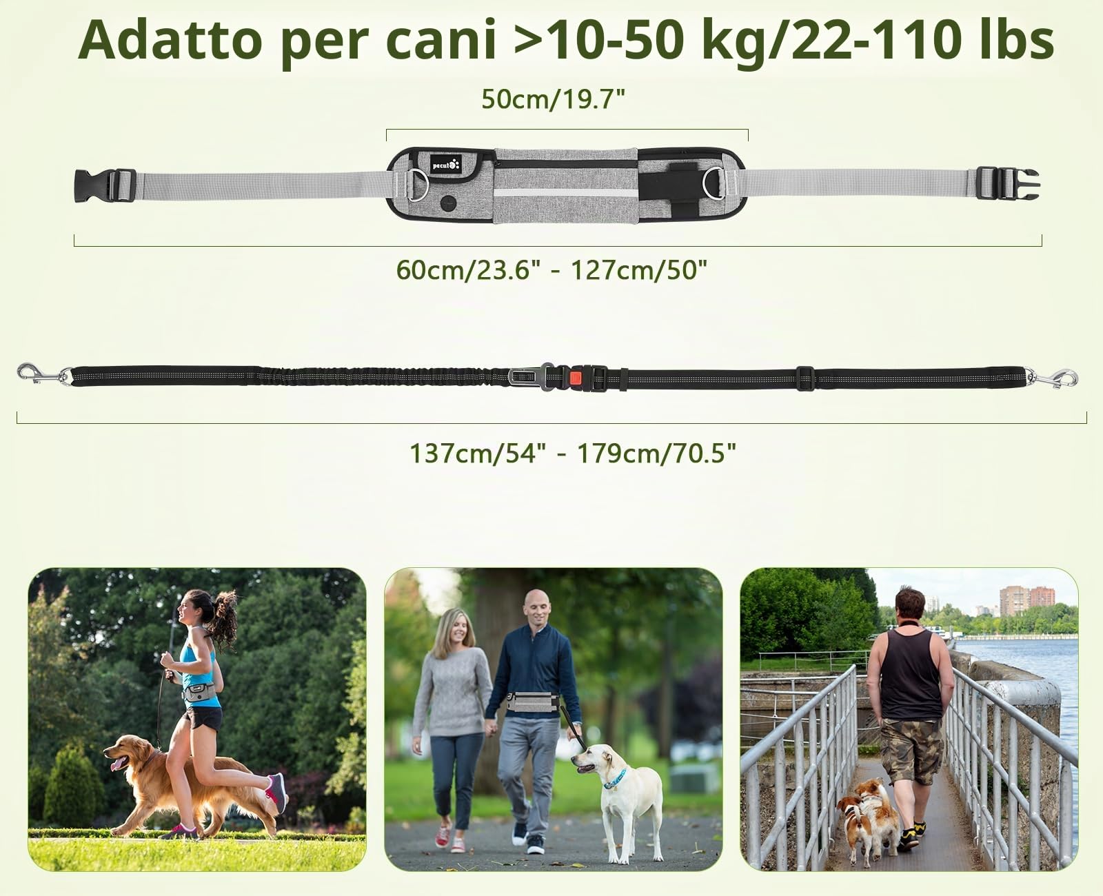 Pecute Guinzaglio Mani Libere per Cani,Guinzaglio per Cani, Camminata, Allenamento, Escursionismo, Cintura in Vita Regolabile e Custodia per l'acqua, per Corsa, Jogging, Grigio Chiaro