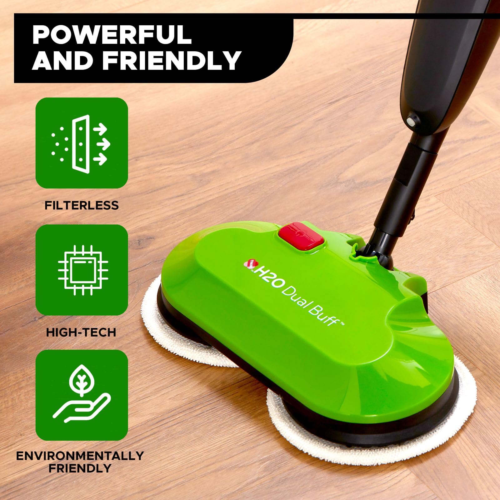H2O Limpiador de suelos duros, mopa eléctrica inalámbrica Dual Buff, cabezal limpiador de suelos duros recargable, fregar, pulir y pulir con paños de microfibra lavables, mopa en aerosol para suelos