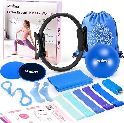 Kit de Esenciales de Pilates para Mujeres, Círculo Mágico de 35 cm Equipo de Pilates para el Hogar con Anillo de Pilates y Bola, Set de 5 Bandas de