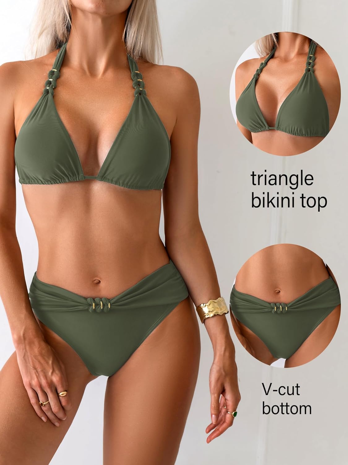 TASHEHE Women's Bikini Set Ruched Triangle Swimsuit Two Piece Sexy V Cut Bathing Suit