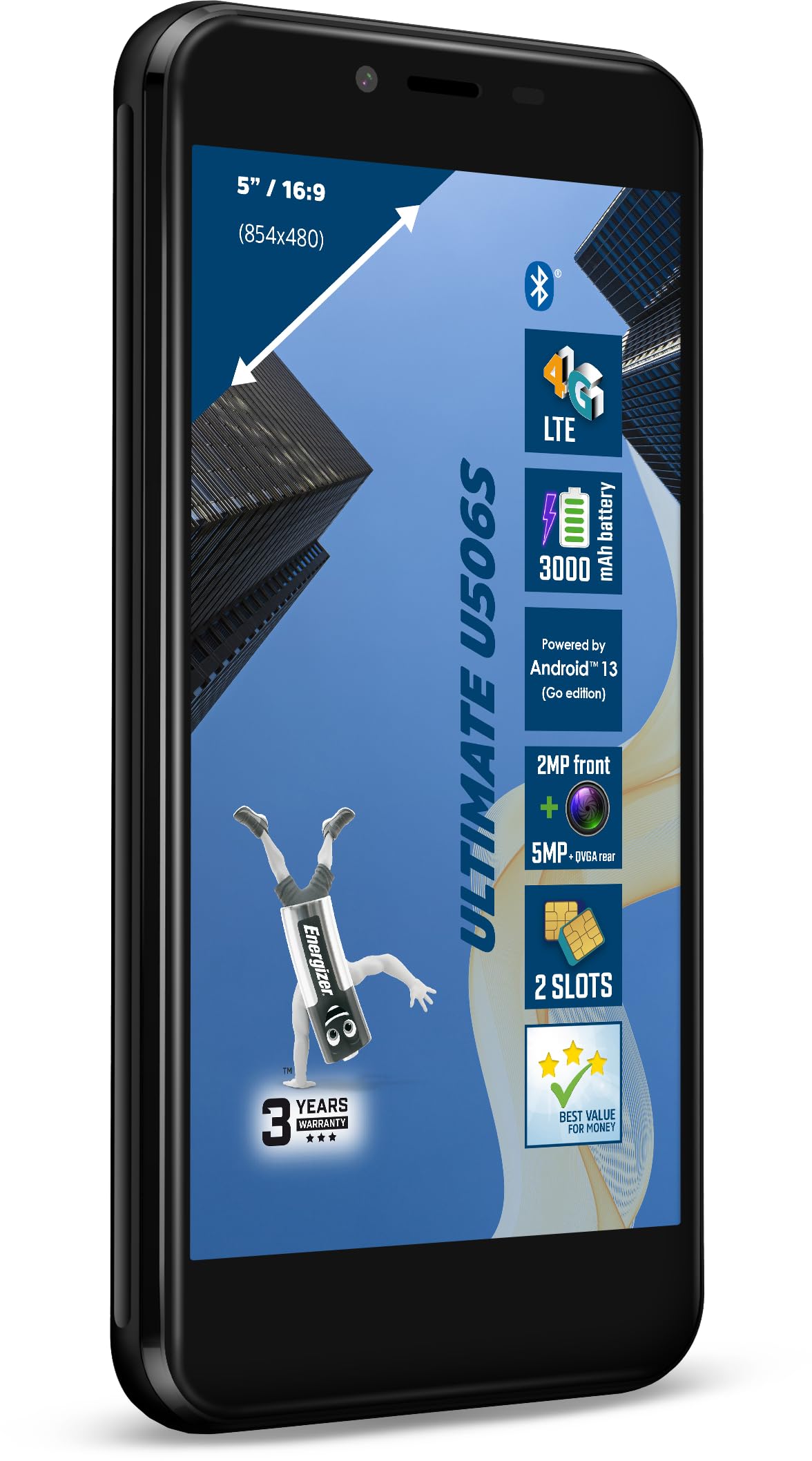 Energizer U506S smartfon (2 GB RAM, 32 GB ROM), wyświetlacz 5 cali, bateria 3000 mAh, aparat 5 MP+QVGA z tyłu/2 MP z przodu, Android 13 GB, kolor czarny
