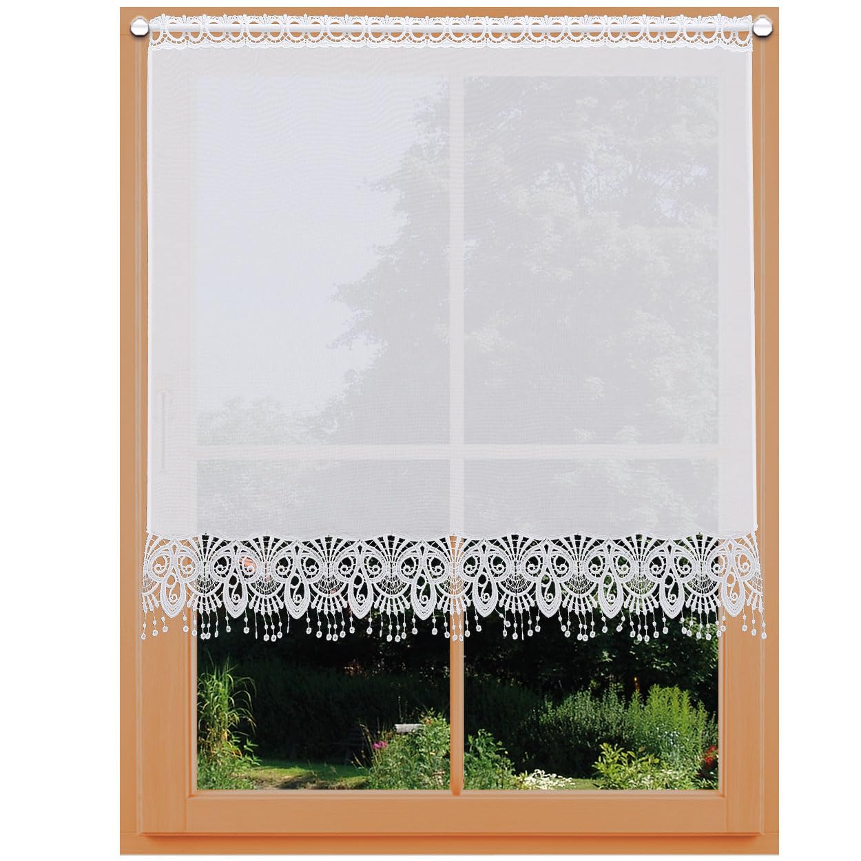 Scheibengardine Nala mit Perlenschnur-Fransen Scheibenhänger aus Vogtländischer Spitze weiß | Kurzstore mit modernem geometrischen Muster | Kurzgardine klassisch-zeitlos | Höhe x Breite 80 x 112 cm
