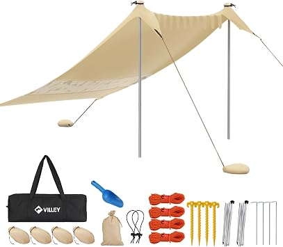 VILLEY Beach Tent Sun Shelter for 1-3 People, Portable Beach Shelter 2.4 m x 2 m with 2 Support Poles, UPF50+ Beach Shade with Reinforced Corners, Ideal for Beach, Camping, Picnic Khaki