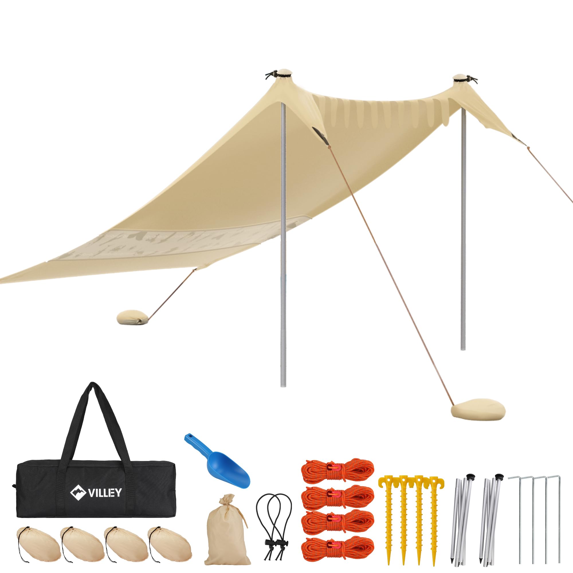 VILLEY Toldo de Playa 2 x 2,4 m, Tienda de Playa con Protección UV UPF50+, Refugio Solar para 3 Personas con Sacos de Arena y 2 Postes, Ideal para Picnic, Pesca y Playa