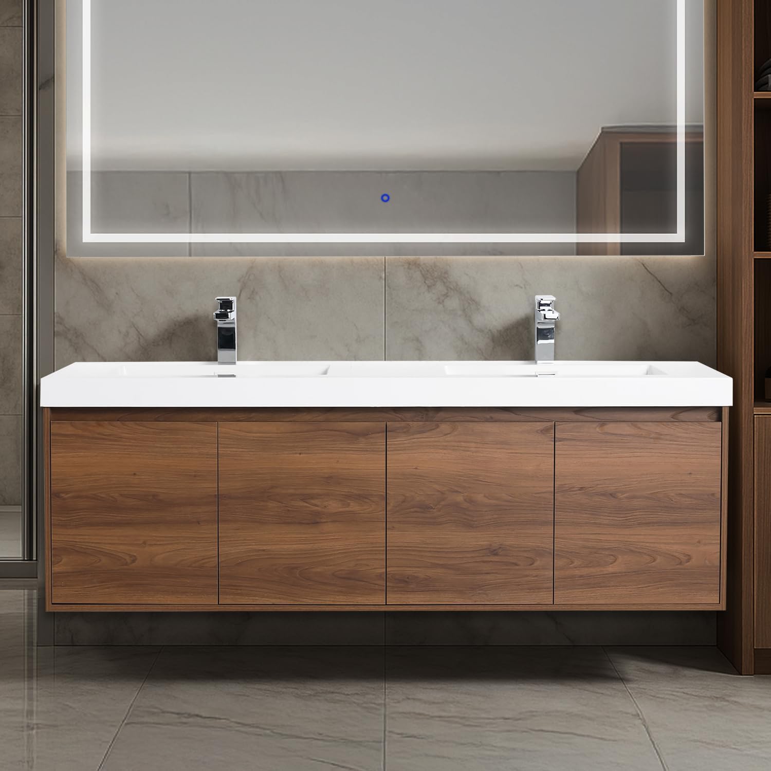 Blossom 60 Inch Floating Vanity Double Sink for Master Bath | Luxury Wall Mounted Bathroom Cabinet with Integrated Sinks | Professional-Grade Plywood & Pre-Assembled Design | Modern Walnut Finish