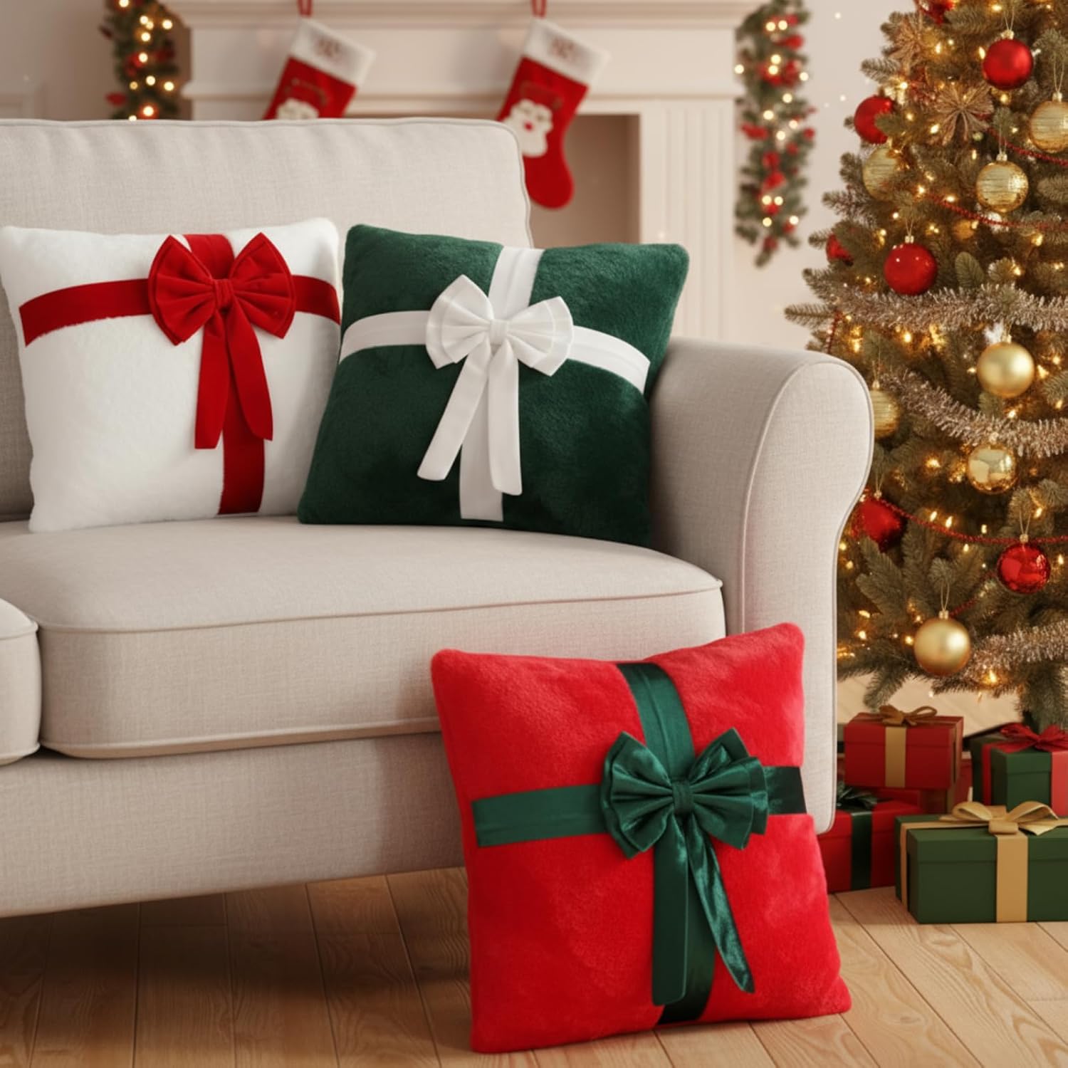 3 Pcs Christmas Velvet Throw Pillows 18 x 18 Inch Decoration Xmas Gift Boxes Shaped Plush Pillow with Bow for Winter Xmas Home Bedroom Sofa Party Decoration
