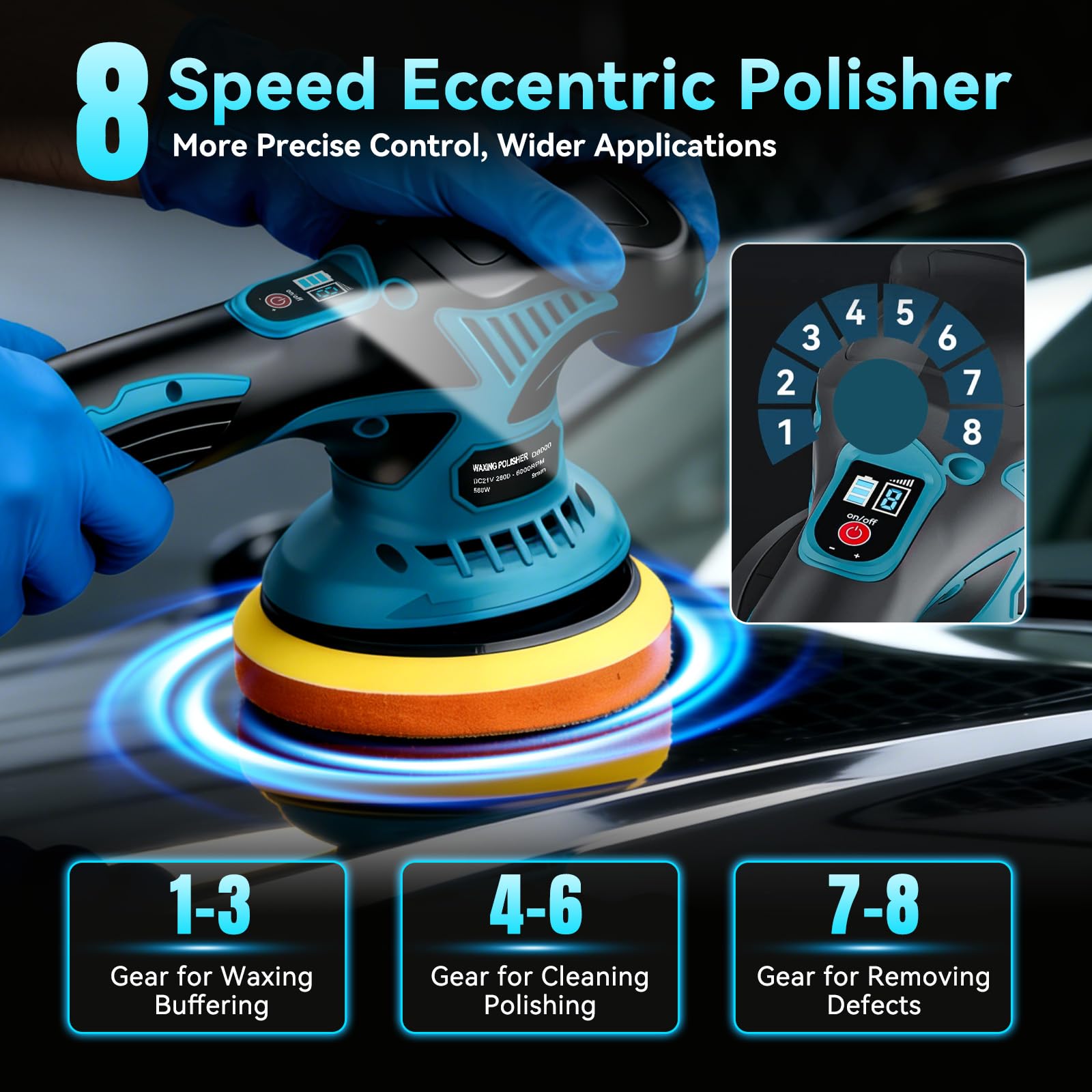 Yofuly Pulidora Orbital a Batería 6 Pulgadas, 8 Velocidades, 2x2000mAh, Compatible Makita 18V, para Detallado Auto