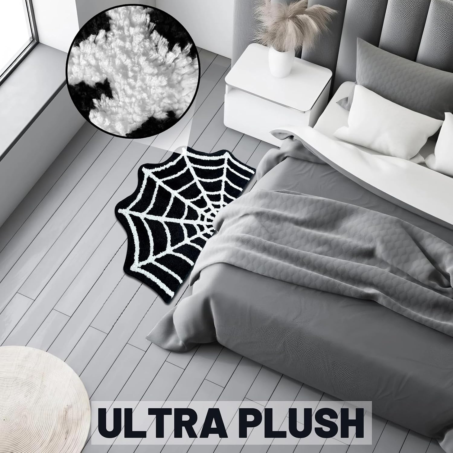 Spider Web Bath Mat, 31"x20" Halloween Bath Mat Goth Rug Absorbent Spiderweb Rug, Non Slip Machine Washable Goth Area Rug Gothic Decor for Bathroom, Front Door, Bedroom (Black)