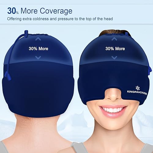 Vista 26 de KingPavonini Envoltura de cabeza de hielo, gorra ajustable para aliviar el dolor de cabeza de migraña con cordón, sombrero de migraña caliente/fría