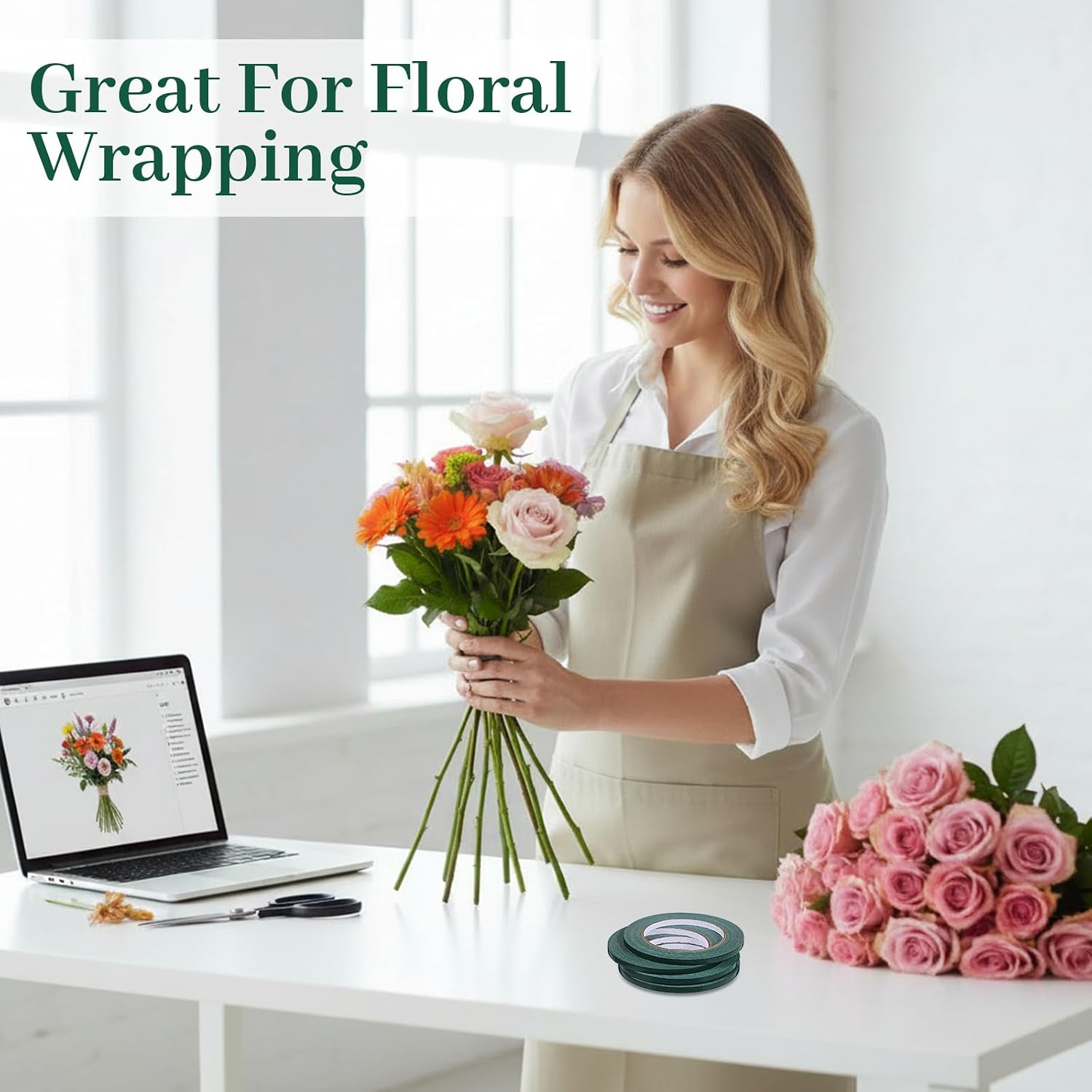4 Rolls Green Floral Tape, 1/4 Inch Flower Stem Wrap Tape, 33Yd Waterproof Florist-Tape, Multipurpose Adhesive Florist Tapes for Bouquets, Vase, Binding Fresh Flower, Corsages, DIY Crafts Decorations