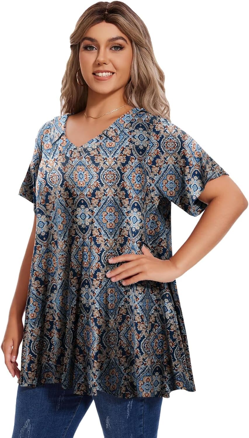 OVERWORETY Women's Plus Size Summer Tops Casual Business Collared Lapel V Neck Shirts Short Sleeve Dressy Polo Blouses Tunic - Image 3