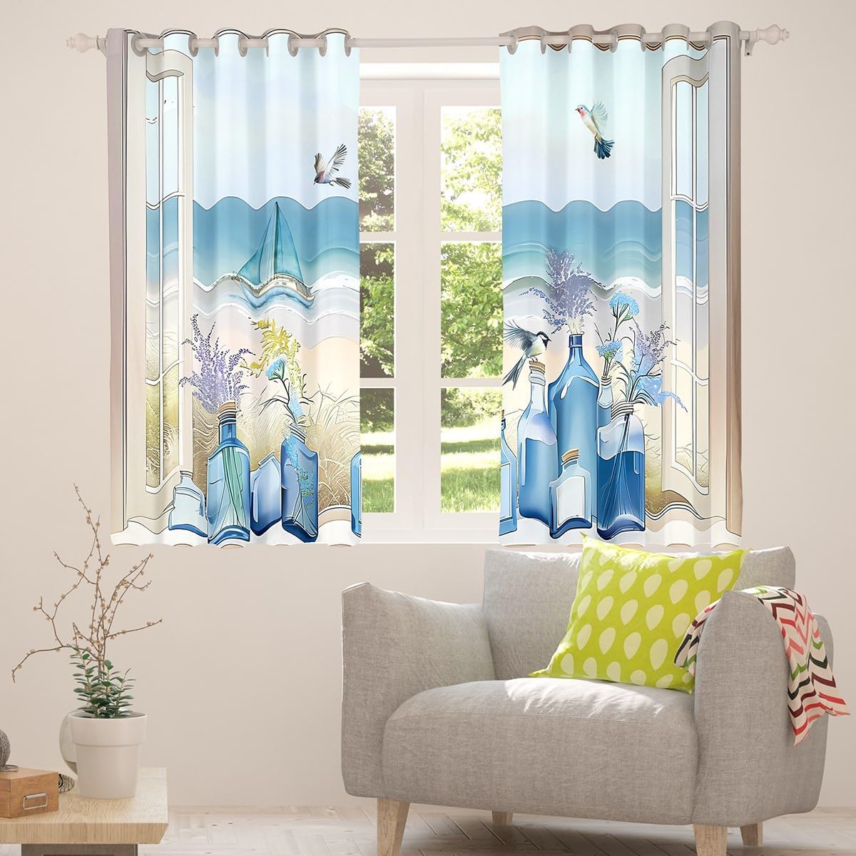 Erosebridal Beach Bottles Blackout Curtains 38" Wx45 L, 2 Panels Sea Waves Window Treatments Drapes for Bedroom for Kids Girls Women Bird Lavender Blue Purple Dreamy Lightweight Window Curtains