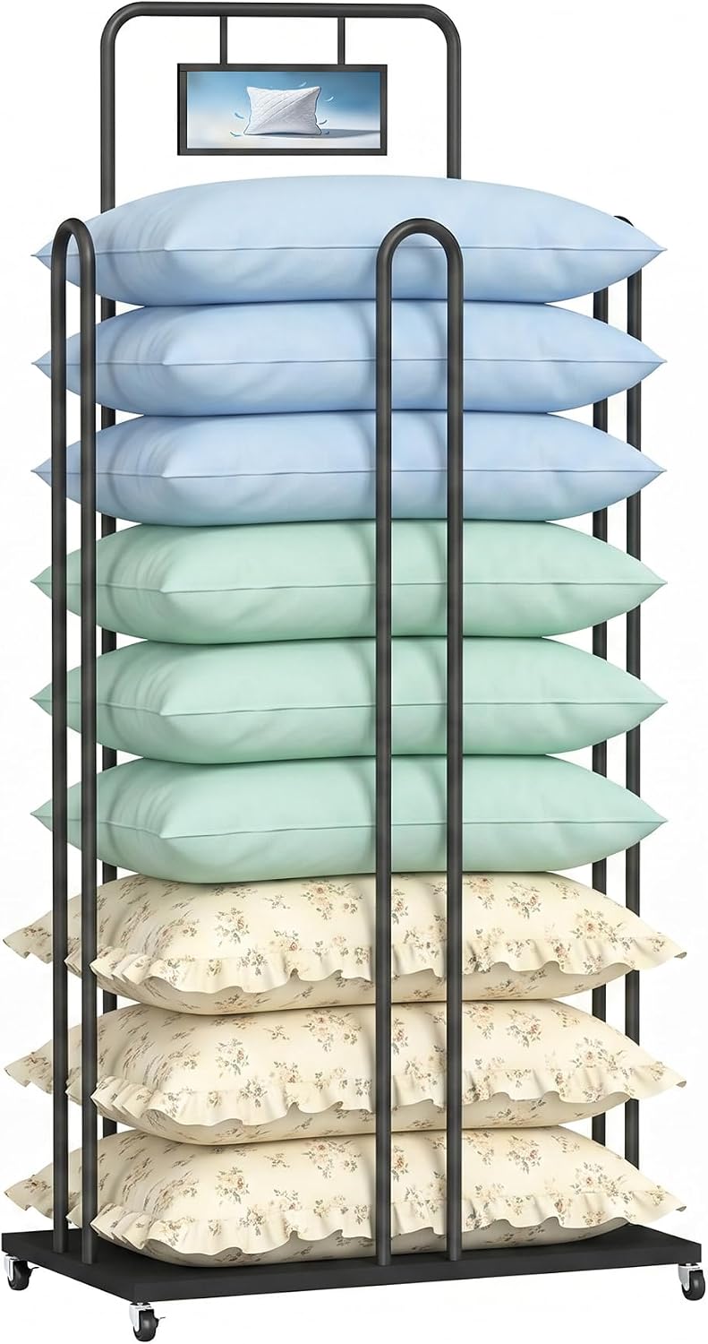 lukar Pillow Holder Rack, Rolling Pillow Storage Rack with Billboard Holder, Metal Pillow Display Stand, Commercial Throw Cushion Quilts Storage Organizer for Retail Store, Mall, Home, Hotels
