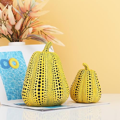 Miniatura 4 de SHENGTIAN Estatua de calabaza, estatua de calabaza de lunares amarillos, mini escultura de calabazas decorativas, accesorios de calabaza falsa,