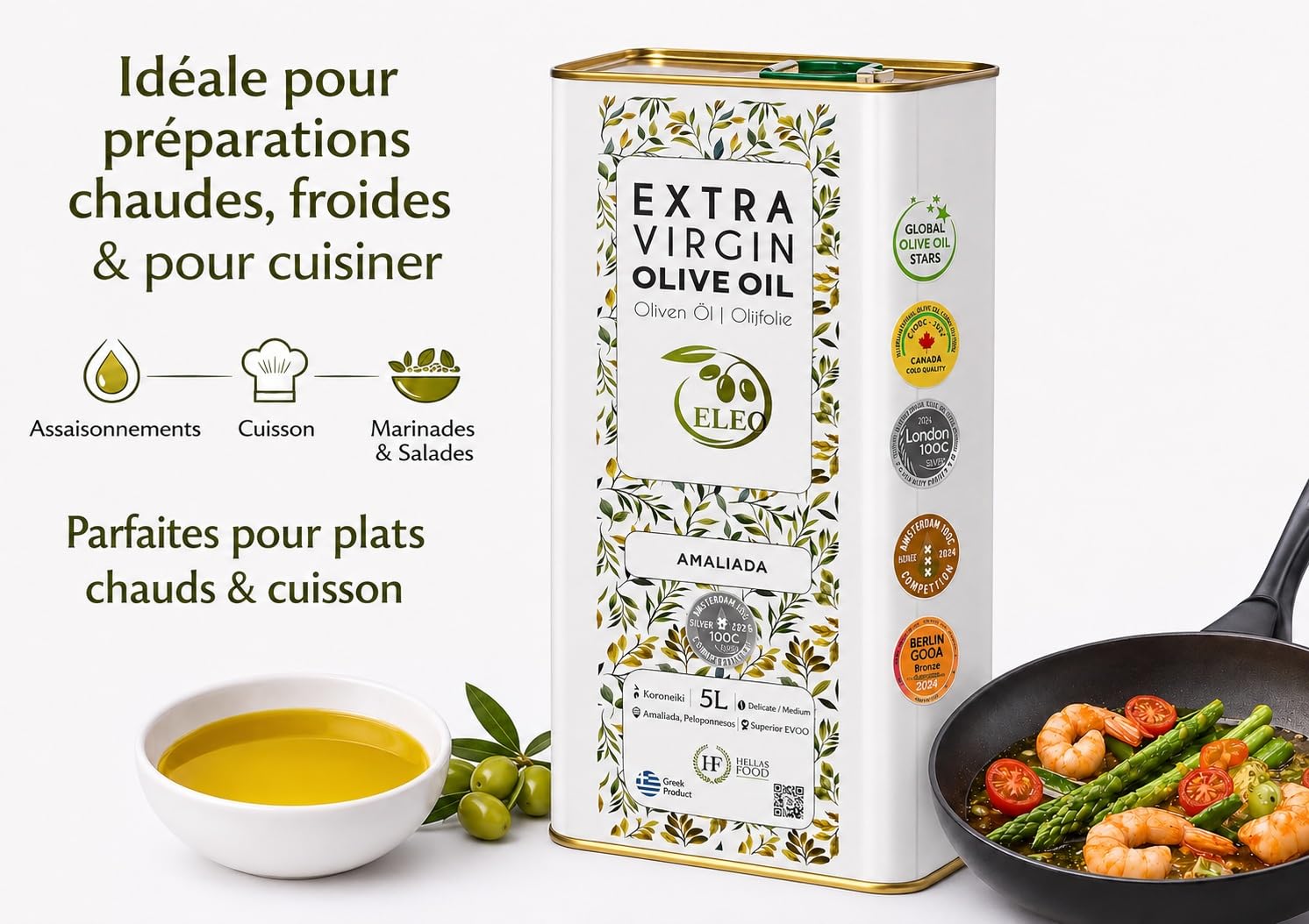 ELEO Amaliada - Huile d’Olive Bidon 5L Extra Viege - Pressée à Froid - 100% Olives Grecques Koroneiki - Qualité Supérieure - Riche en Antioxydants - Lauréat de Médailles Internationales