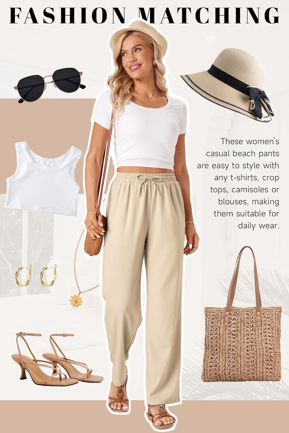 TOPYOGAS Womens High Waist Drawstring Stretch Casual Pants Summer Loose Pants Straight Trousers with Pockets - Image 2