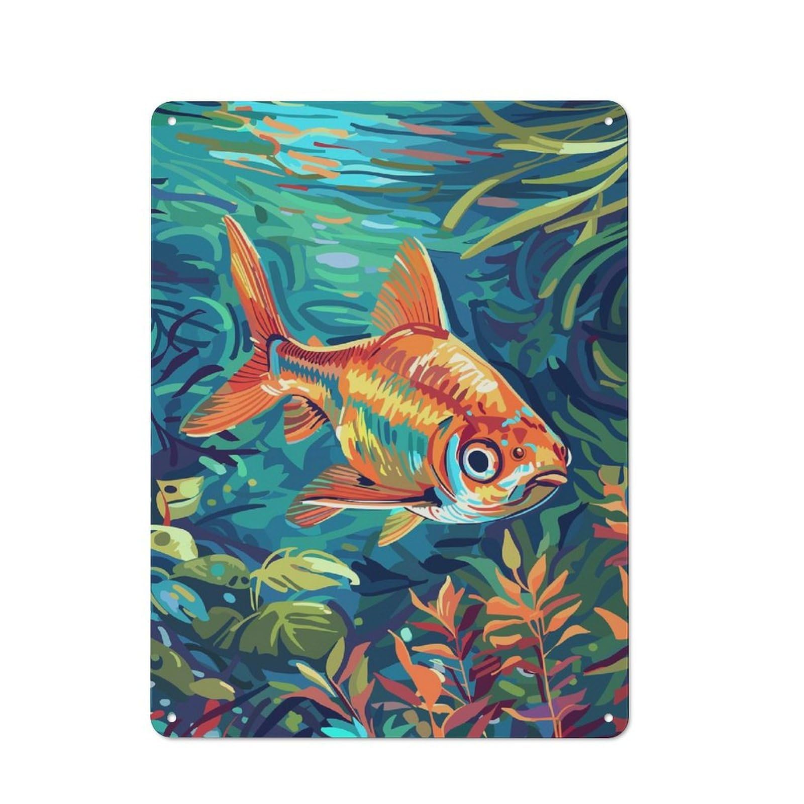 Junmoney Style-18 Garage Style Goldfish In Aquatic Plants Retro Metal Sign 40X30cm, Workshop Wall Decor For Workshop, Basement, Shed Or Games Room