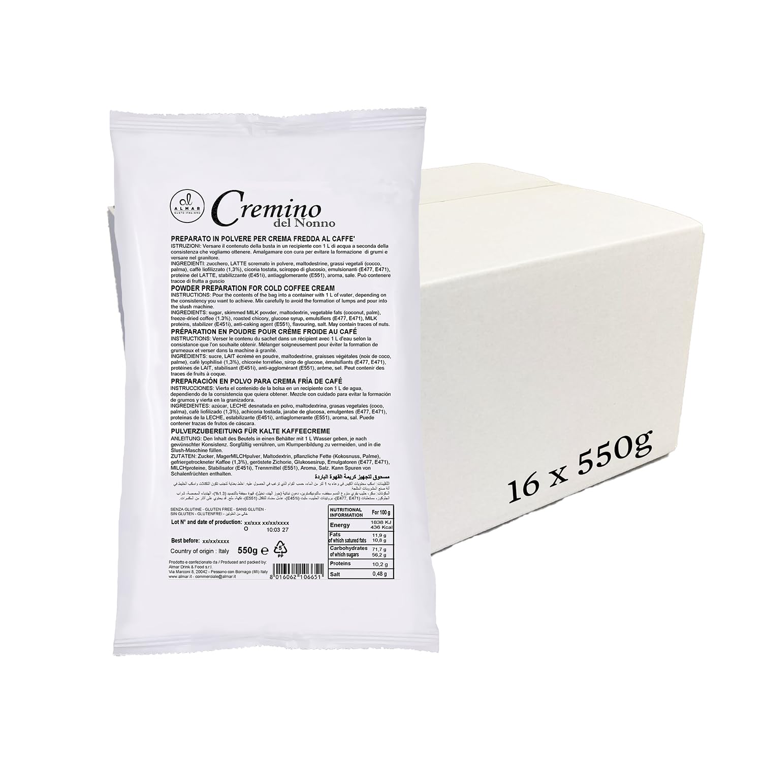 ALMAR - Cremino del Nonno, Crema Caffè Fredda Granitore, Preparazione con Acqua, Dessert Estivo Cremoso, Perfetto per Bar e Locali, Senza Glutine, Made in Italy, Offerta Risparmio, 16 Buste da 550g
