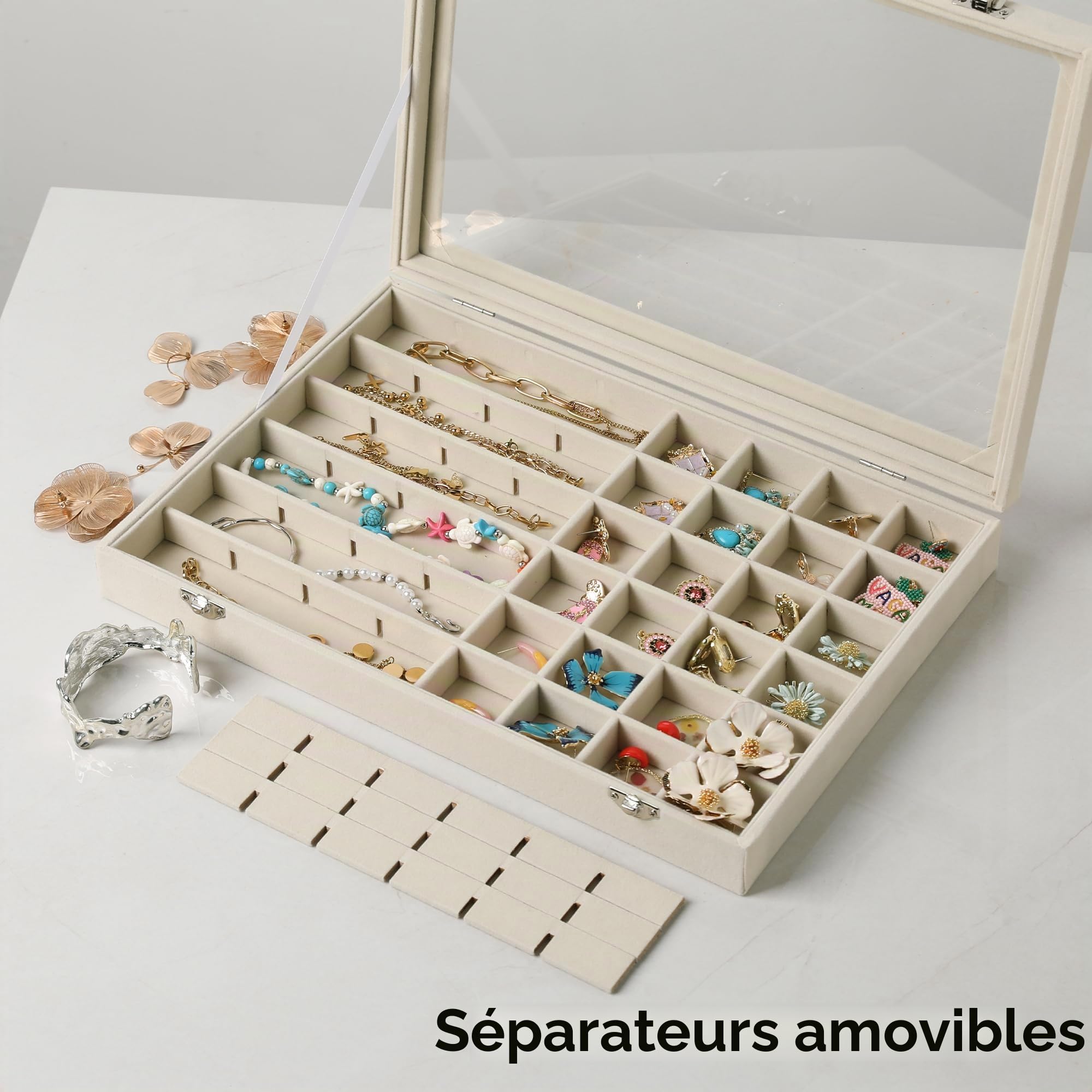 Frebeauty Coffret à bijoux 48 compartiments avec couvercle en verre, velour | Organisateur de boucles d'oreilles réglable, couvercle en verre, intérieur en velours de qualité supérieure