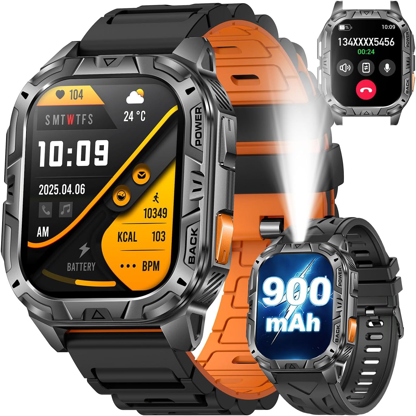 MIDDOW Military Smart Watch with LED Flashlight, 900mAh Battery, Answer/Make Calls, 2.01" Display, Blood Oxygen Heart Rate Sleep Monitor, IP68 Waterproof Fitness Tracker for Men Android iOS (2 Straps)