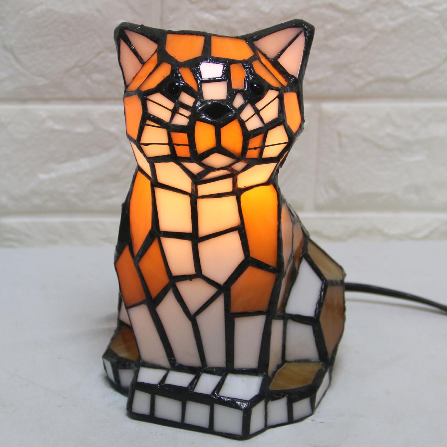 MIXL-Creative Nordic Tiffany Table Lamp, Luxury American Bedroom Table Light, Retro Cute Animal Night Light(Cat)