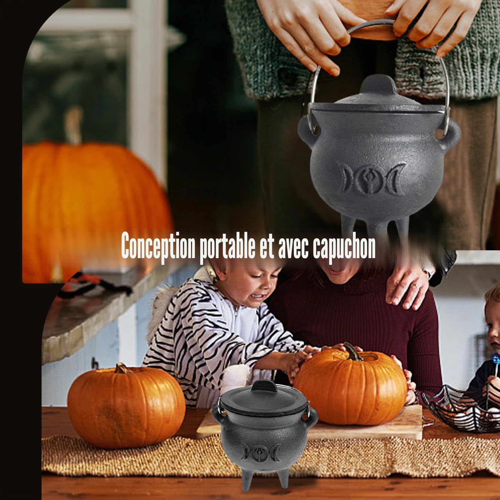 Chaudron en Fonte Étoile avec Couvercle et Poignée - Halloween, 3,94 x 2,95 x 2,95 Pouces - Bougie et Encens Brûlant - Sorcellerie